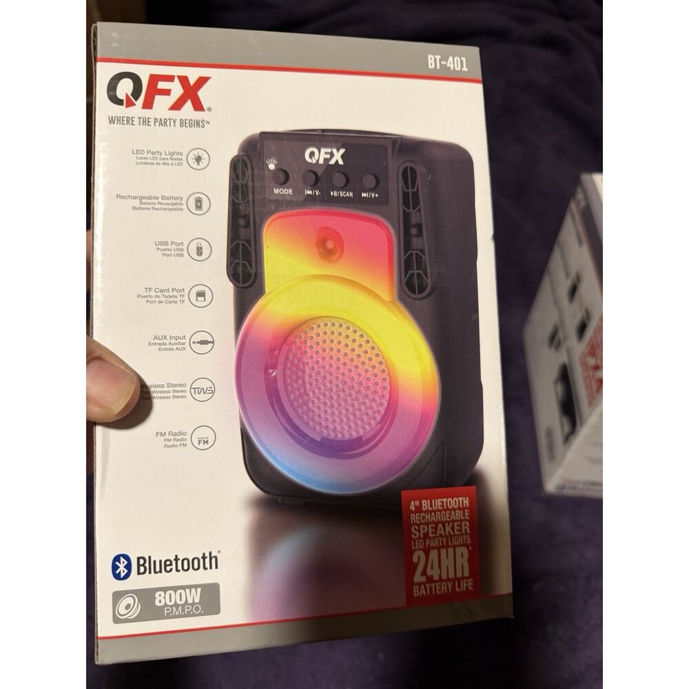 QFX BT-401 4" Bluetooth Rechargeable Speaker LED Party Lights TWS FM Radio New